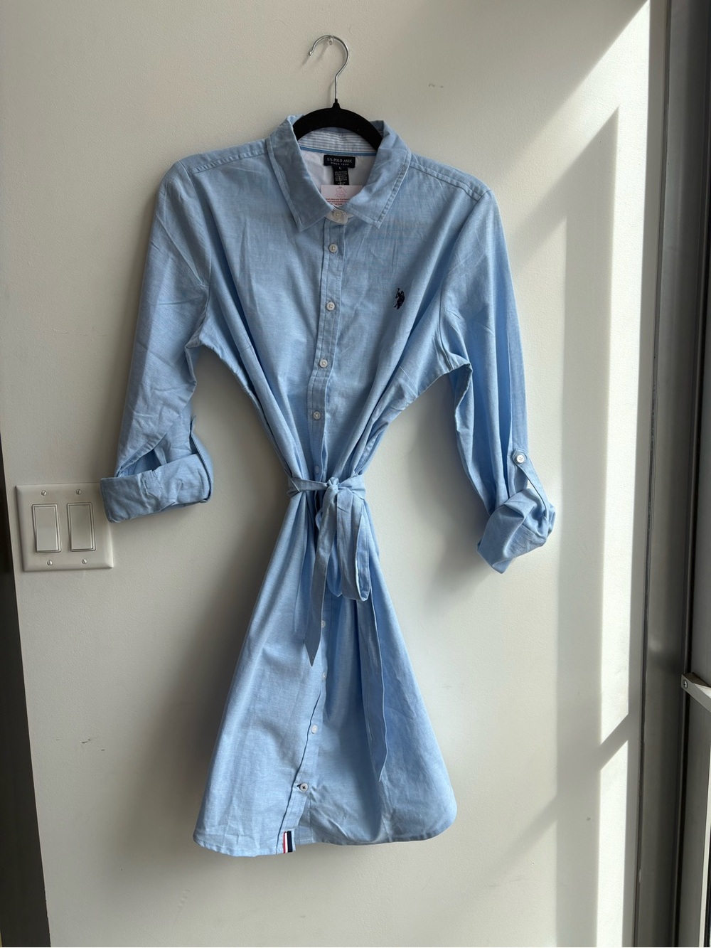 U.S. Polo Assn. Light Blue Shirt Dress with Waist Tie